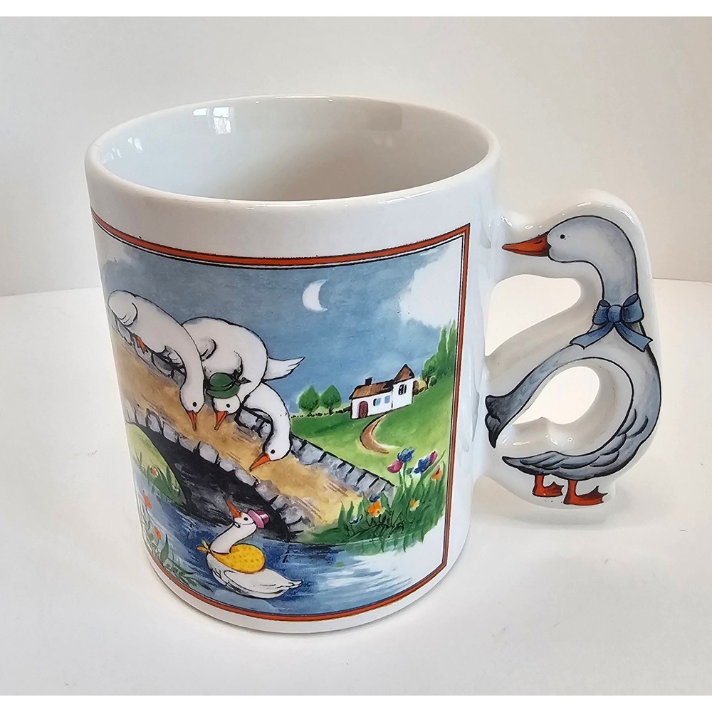 80s Country Geese Bridge Mug Sculpted Goose Handle Cottagecore Farmhouse Vintage